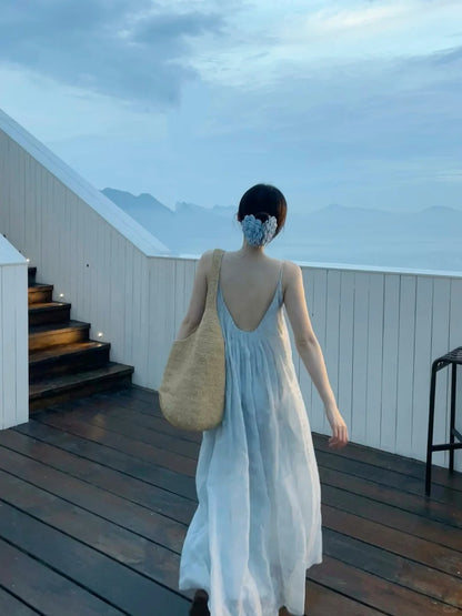 Trendy Spaghetti Strap A-Line Pale Blue Maxi Dress Simple Loose Fit Jacquard Backless Long Dress AP3490