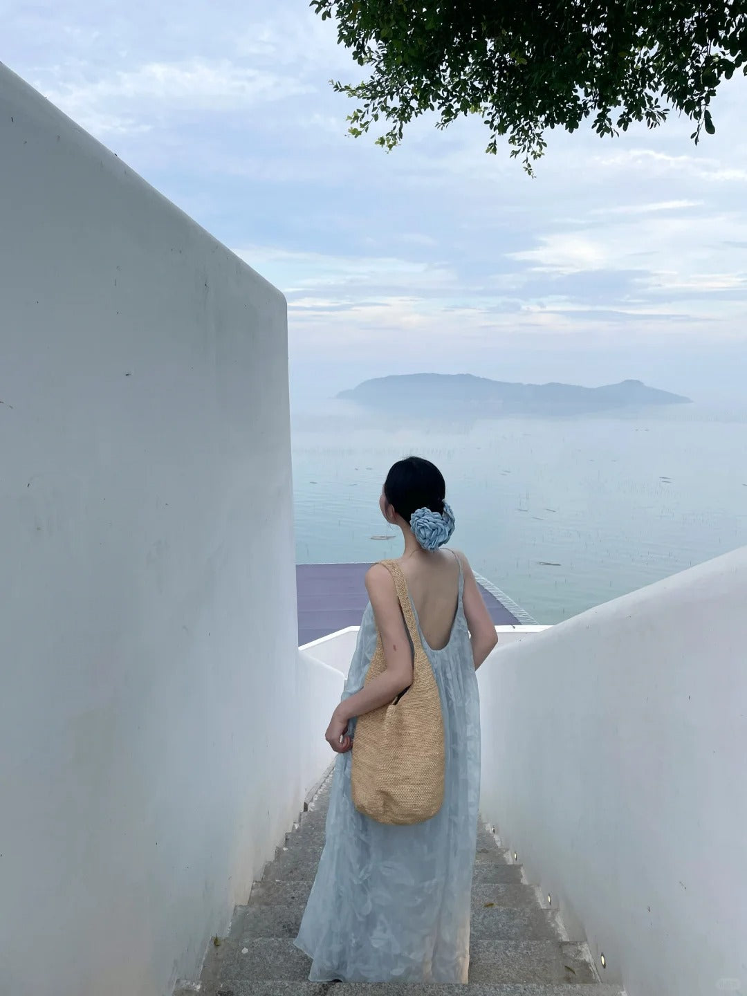 Trendy Spaghetti Strap A-Line Pale Blue Maxi Dress Simple Loose Fit Jacquard Backless Long Dress AP3490