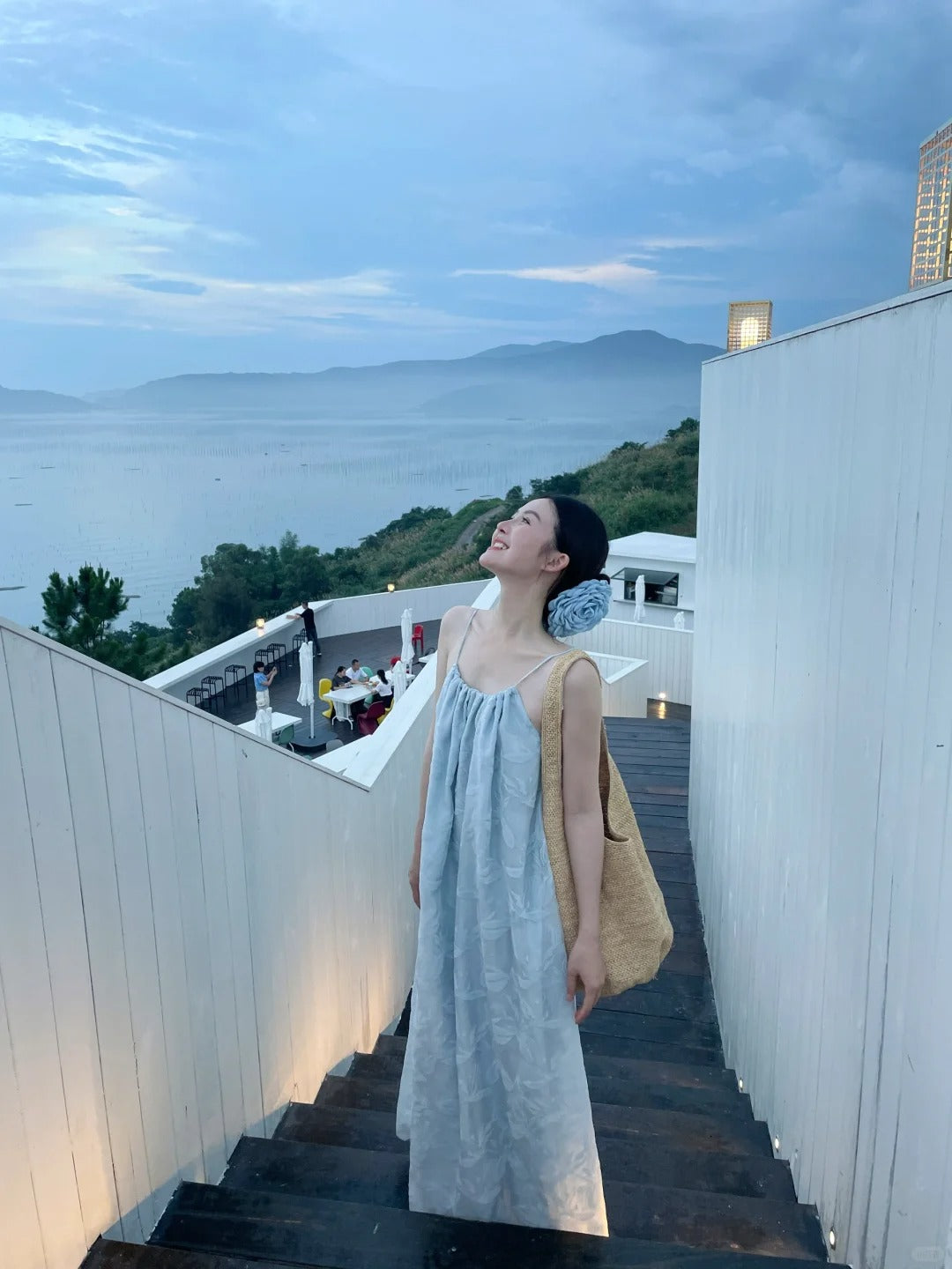 Trendy Spaghetti Strap A-Line Pale Blue Maxi Dress Simple Loose Fit Jacquard Backless Long Dress AP3490