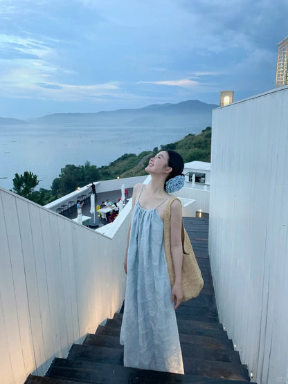 Trendy Spaghetti Strap A-Line Pale Blue Maxi Dress Simple Loose Fit Jacquard Backless Long Dress AP3490