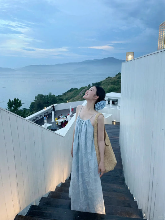 Trendy Spaghetti Strap A-Line Pale Blue Maxi Dress Simple Loose Fit Jacquard Backless Long Dress AP3490