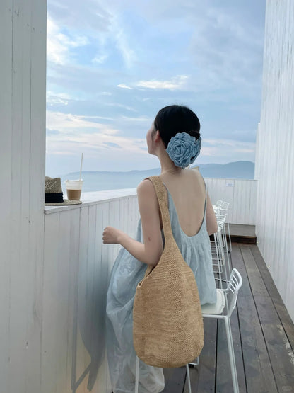 Trendy Spaghetti Strap A-Line Pale Blue Maxi Dress Simple Loose Fit Jacquard Backless Long Dress AP3490