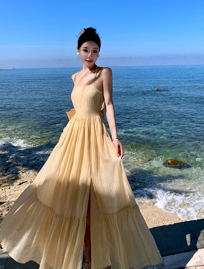 Flattering Spaghetti Strap A-Line Flowy Maxi Dress Minimalist Ruffles Hem Double Layers Long Dress AP3491