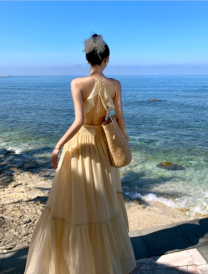 Flattering Spaghetti Strap A-Line Flowy Maxi Dress Minimalist Ruffles Hem Double Layers Long Dress AP3491