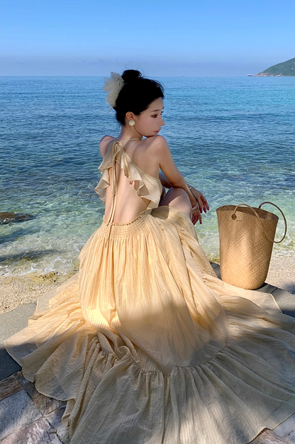 Flattering Spaghetti Strap A-Line Flowy Maxi Dress Minimalist Ruffles Hem Double Layers Long Dress AP3491