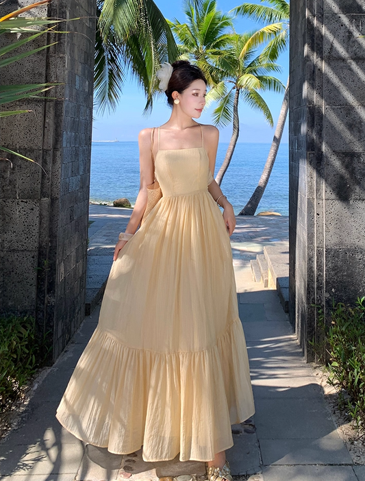 Flattering Spaghetti Strap A-Line Flowy Maxi Dress Minimalist Ruffles Hem Double Layers Long Dress AP3491