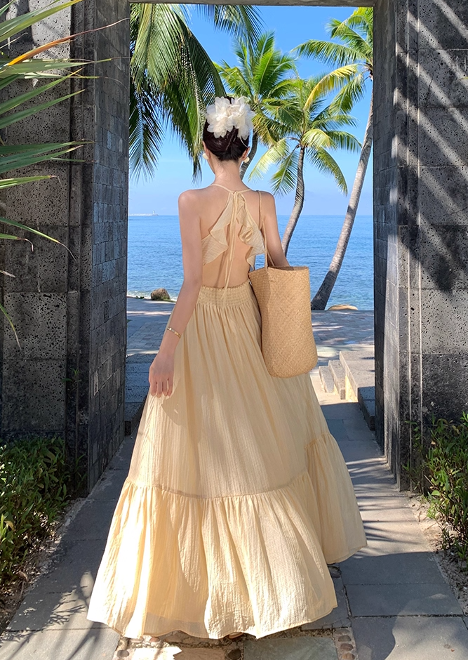 Flattering Spaghetti Strap A-Line Flowy Maxi Dress Minimalist Ruffles Hem Double Layers Long Dress AP3491