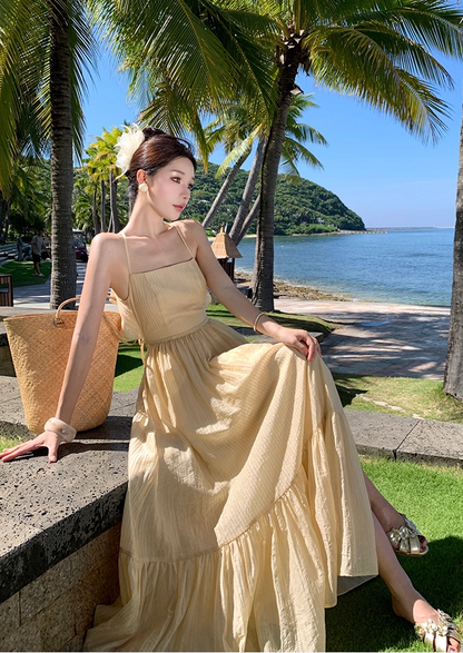 Flattering Spaghetti Strap A-Line Flowy Maxi Dress Minimalist Ruffles Hem Double Layers Long Dress AP3491