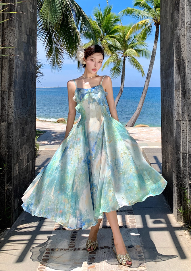 Fitted Spaghetti Strap A-Line Maxi Dress Oil Painting Style Trimmed Ruffles Cinched-Waist Flowy Long Dress AP3492