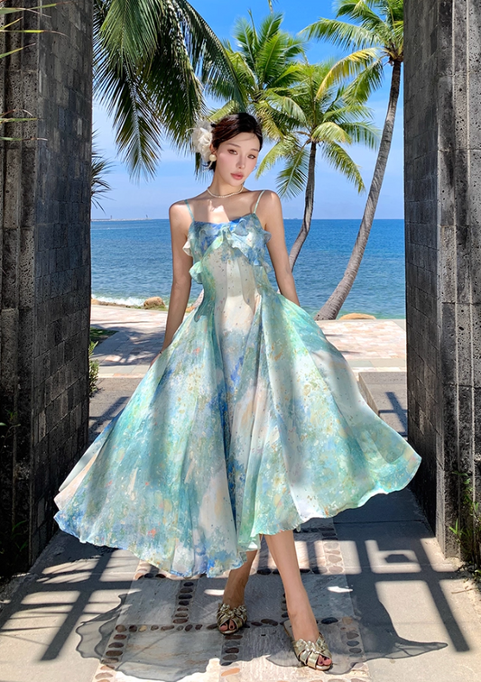 Fitted Spaghetti Strap A-Line Maxi Dress Oil Painting Style Trimmed Ruffles Cinched-Waist Flowy Long Dress AP3492