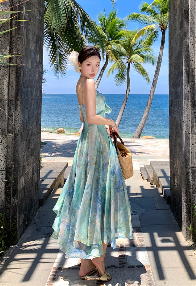 Fitted Spaghetti Strap A-Line Maxi Dress Oil Painting Style Trimmed Ruffles Cinched-Waist Flowy Long Dress AP3492