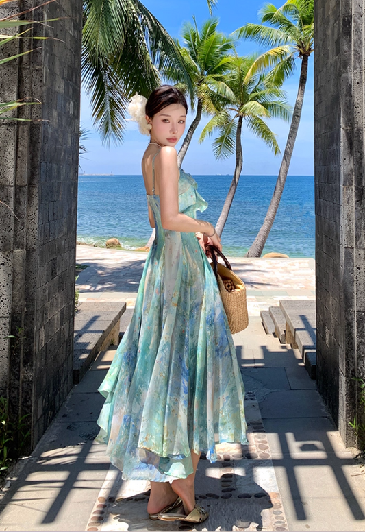 Fitted Spaghetti Strap A-Line Maxi Dress Oil Painting Style Trimmed Ruffles Cinched-Waist Flowy Long Dress AP3492