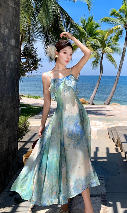 Fitted Spaghetti Strap A-Line Maxi Dress Oil Painting Style Trimmed Ruffles Cinched-Waist Flowy Long Dress AP3492