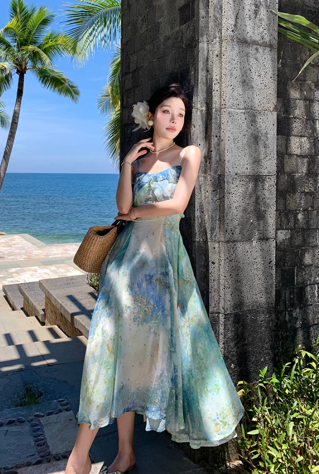 Fitted Spaghetti Strap A-Line Maxi Dress Oil Painting Style Trimmed Ruffles Cinched-Waist Flowy Long Dress AP3492