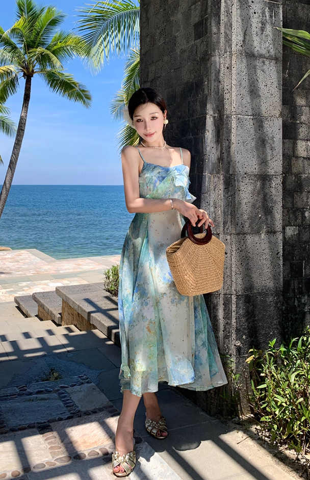 Fitted Spaghetti Strap A-Line Maxi Dress Oil Painting Style Trimmed Ruffles Cinched-Waist Flowy Long Dress AP3492