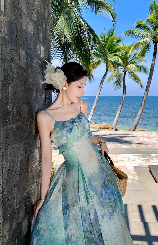 Fitted Spaghetti Strap A-Line Maxi Dress Oil Painting Style Trimmed Ruffles Cinched-Waist Flowy Long Dress AP3492