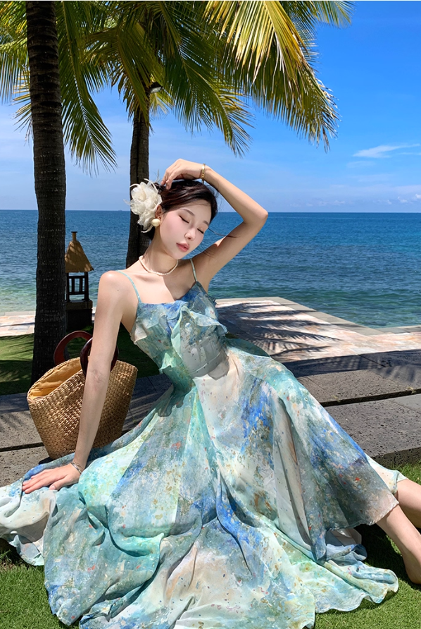 Fitted Spaghetti Strap A-Line Maxi Dress Oil Painting Style Trimmed Ruffles Cinched-Waist Flowy Long Dress AP3492