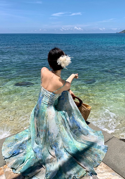 Fitted Spaghetti Strap A-Line Maxi Dress Oil Painting Style Trimmed Ruffles Cinched-Waist Flowy Long Dress AP3492