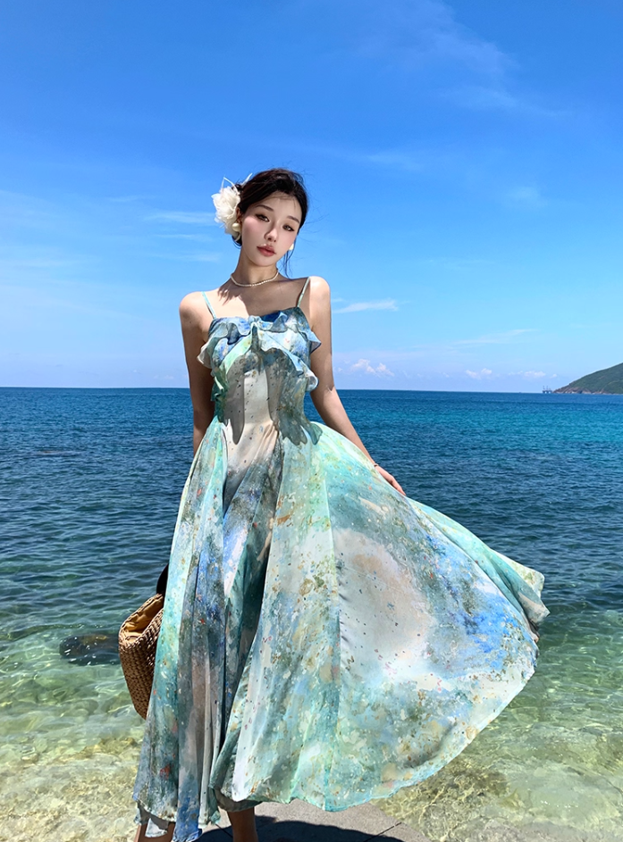 Fitted Spaghetti Strap A-Line Maxi Dress Oil Painting Style Trimmed Ruffles Cinched-Waist Flowy Long Dress AP3492