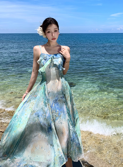 Fitted Spaghetti Strap A-Line Maxi Dress Oil Painting Style Trimmed Ruffles Cinched-Waist Flowy Long Dress AP3492