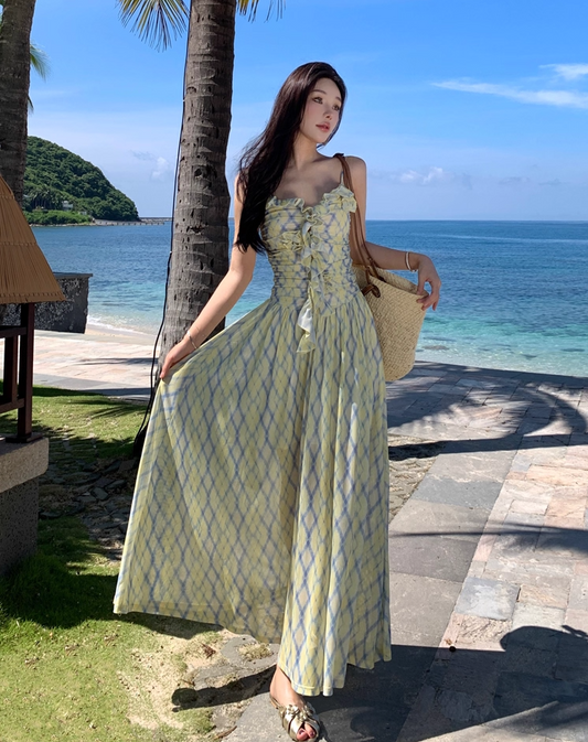 Stylish A-Line Trimmed Ruffles Maxi Dress Vintage Spaghetti Strap Cinched-Waist Plaid Flowy Hem Long Dress AP3493