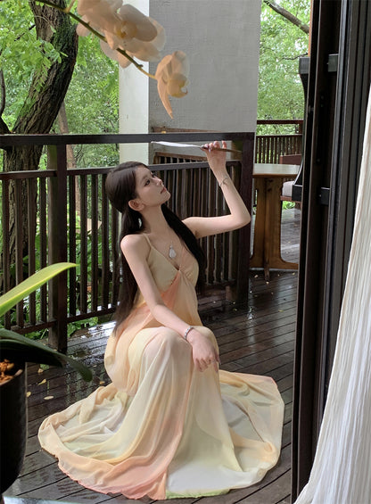 Playful A-Line Ombre Draped Maxi Dress Stylish Spaghetti Strap Flowy Everyday Wear Long Dress AP3494