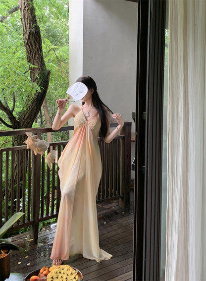 Playful A-Line Ombre Draped Maxi Dress Stylish Spaghetti Strap Flowy Everyday Wear Long Dress AP3494