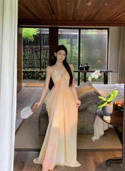 Playful A-Line Ombre Draped Maxi Dress Stylish Spaghetti Strap Flowy Everyday Wear Long Dress AP3494