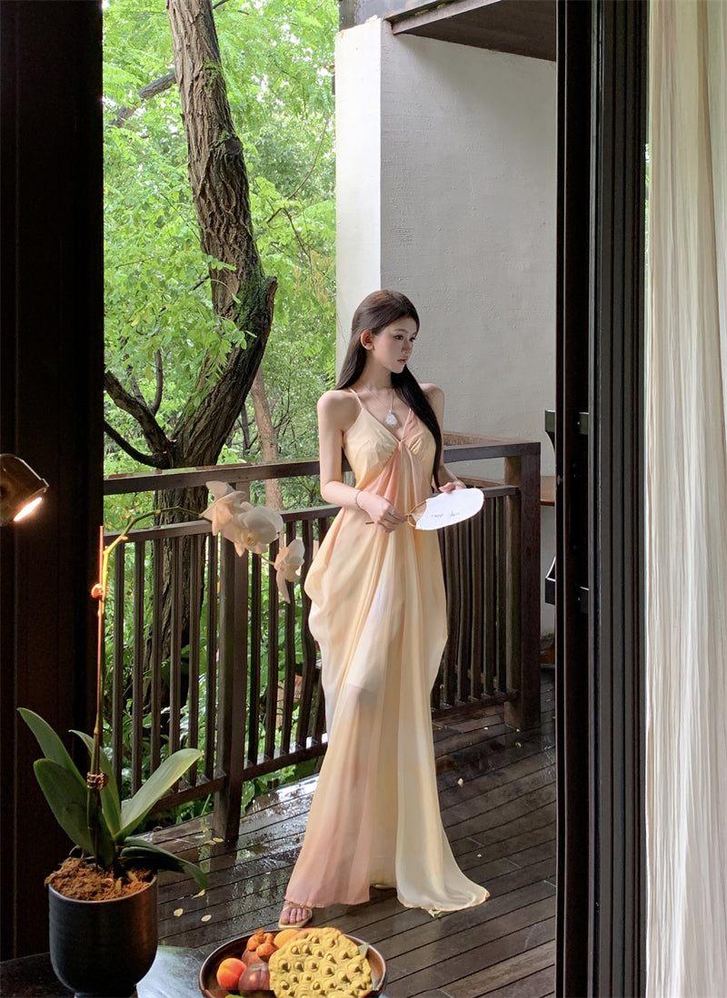 Playful A-Line Ombre Draped Maxi Dress Stylish Spaghetti Strap Flowy Everyday Wear Long Dress AP3494
