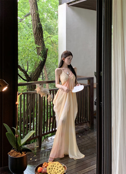 Playful A-Line Ombre Draped Maxi Dress Stylish Spaghetti Strap Flowy Everyday Wear Long Dress AP3494