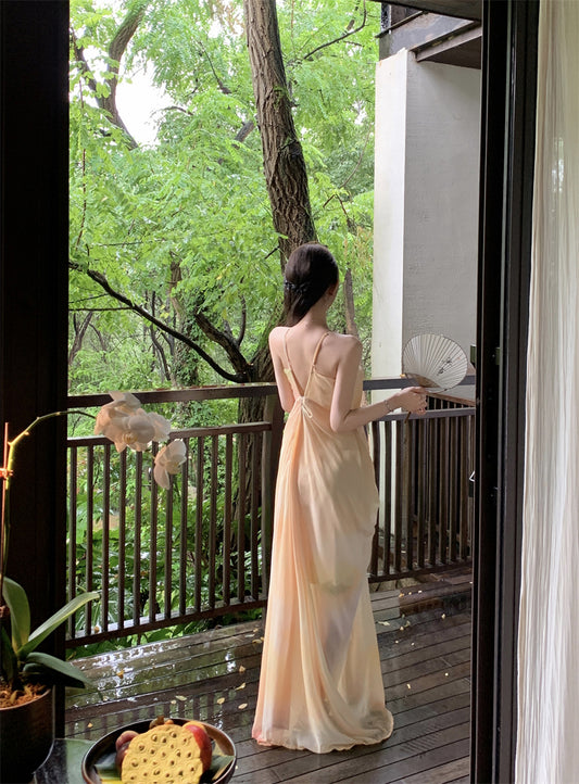 Playful A-Line Ombre Draped Maxi Dress Stylish Spaghetti Strap Flowy Everyday Wear Long Dress AP3494