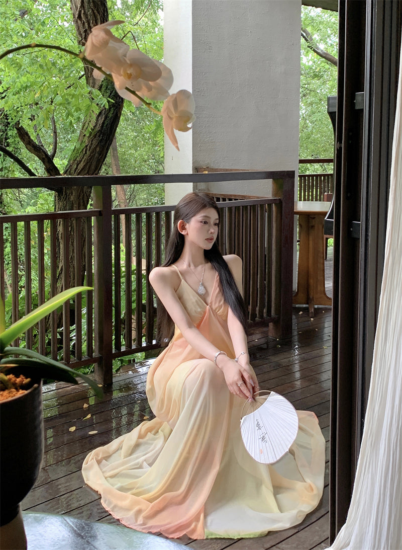 Playful A-Line Ombre Draped Maxi Dress Stylish Spaghetti Strap Flowy Everyday Wear Long Dress AP3494