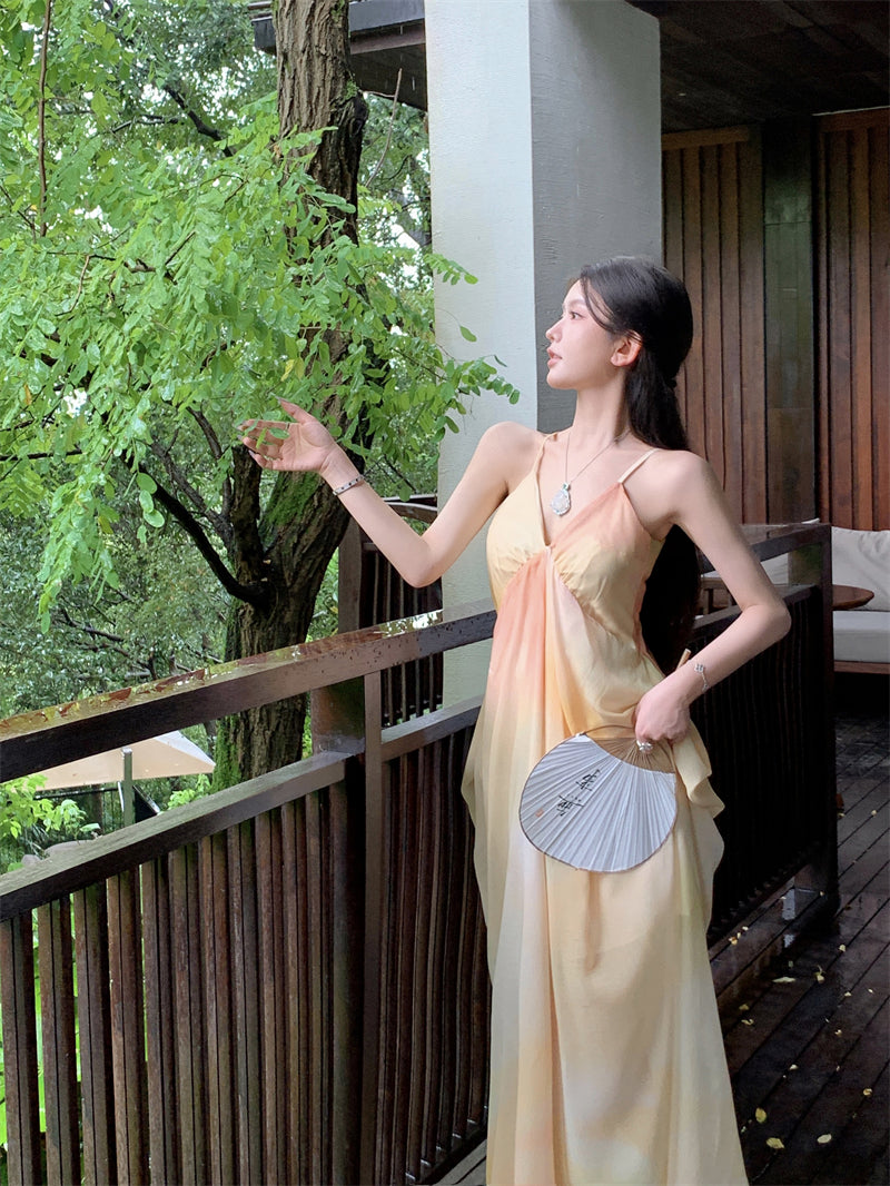 Playful A-Line Ombre Draped Maxi Dress Stylish Spaghetti Strap Flowy Everyday Wear Long Dress AP3494