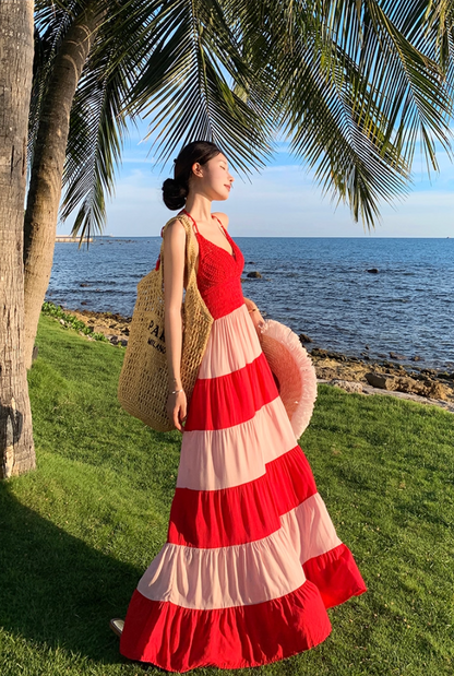 Adorable A-Line Cutout Strips Maxi Dress Vibrant Cinched-Waist Flowy Hem Backless Halter Long Dress AP3495