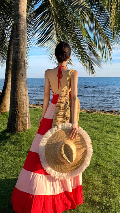 Adorable A-Line Cutout Strips Maxi Dress Vibrant Cinched-Waist Flowy Hem Backless Halter Long Dress AP3495