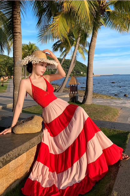 Adorable A-Line Cutout Strips Maxi Dress Vibrant Cinched-Waist Flowy Hem Backless Halter Long Dress AP3495