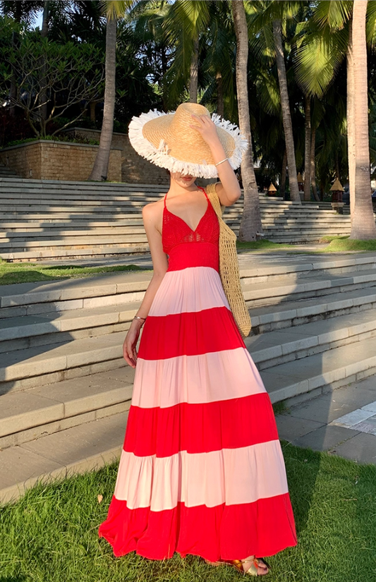 Adorable A-Line Cutout Strips Maxi Dress Vibrant Cinched-Waist Flowy Hem Backless Halter Long Dress AP3495