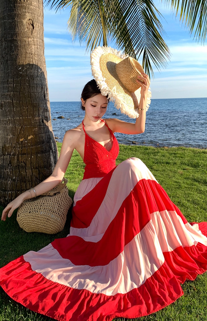 Adorable A-Line Cutout Strips Maxi Dress Vibrant Cinched-Waist Flowy Hem Backless Halter Long Dress AP3495