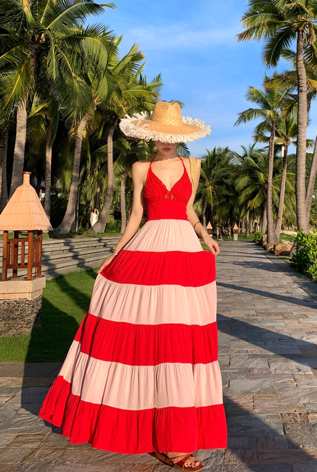 Adorable A-Line Cutout Strips Maxi Dress Vibrant Cinched-Waist Flowy Hem Backless Halter Long Dress AP3495