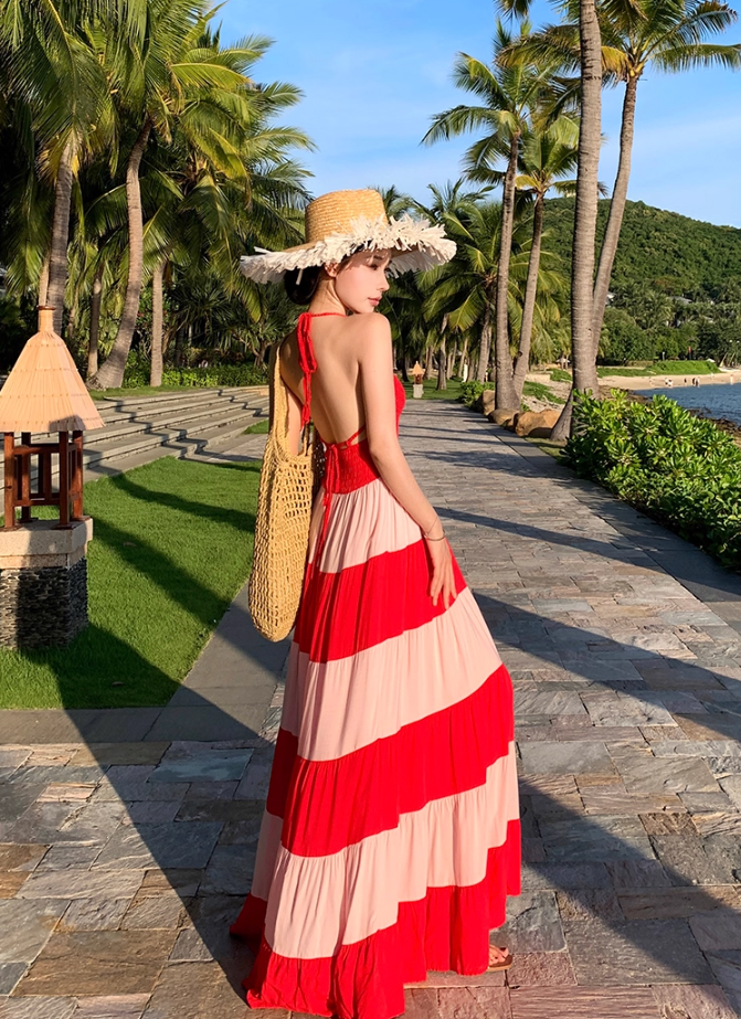 Adorable A-Line Cutout Strips Maxi Dress Vibrant Cinched-Waist Flowy Hem Backless Halter Long Dress AP3495