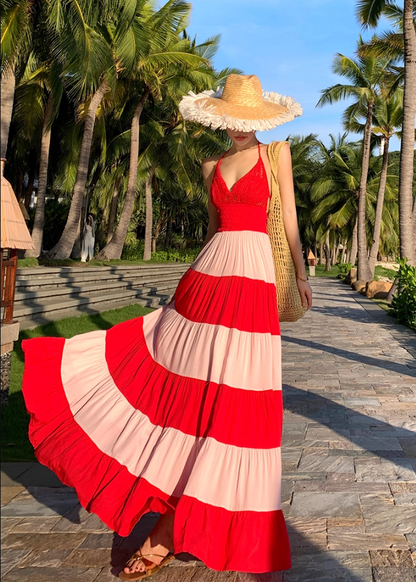 Adorable A-Line Cutout Strips Maxi Dress Vibrant Cinched-Waist Flowy Hem Backless Halter Long Dress AP3495