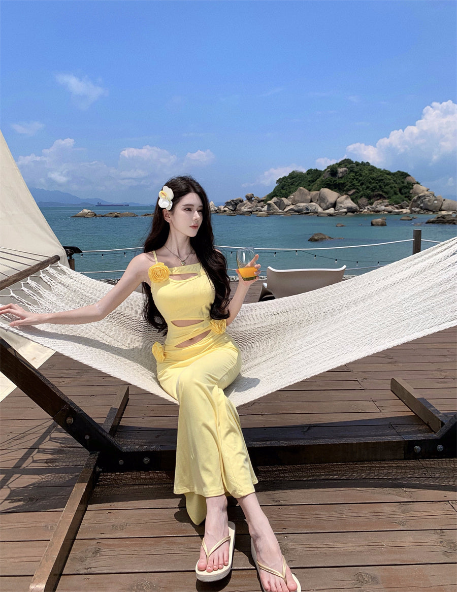 Superb Spaghetti Strap Yellow Maxi Dress Flowy Cutouts 3D Floral Mermaid Long Dress AP3496