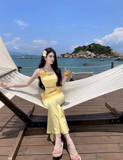 Superb Spaghetti Strap Yellow Maxi Dress Flowy Cutouts 3D Floral Mermaid Long Dress AP3496