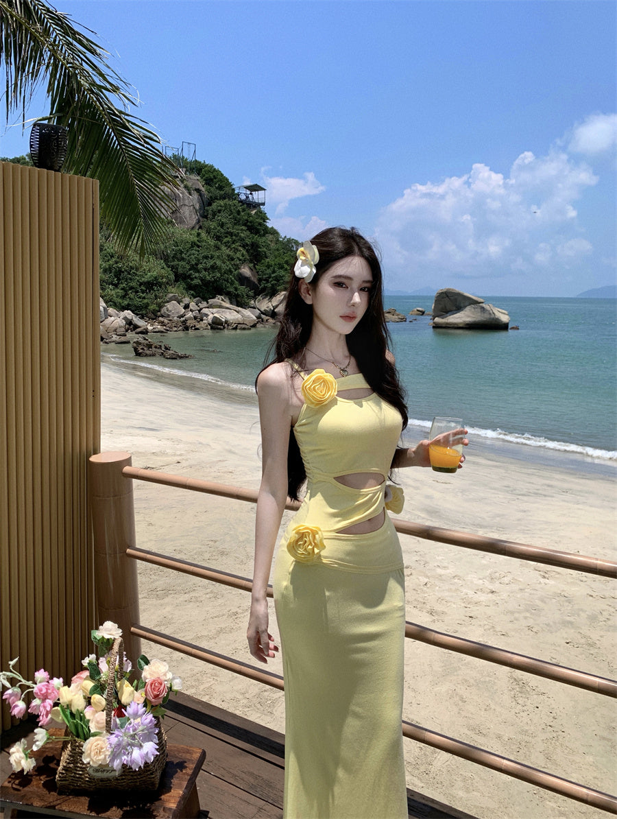 Superb Spaghetti Strap Yellow Maxi Dress Flowy Cutouts 3D Floral Mermaid Long Dress AP3496