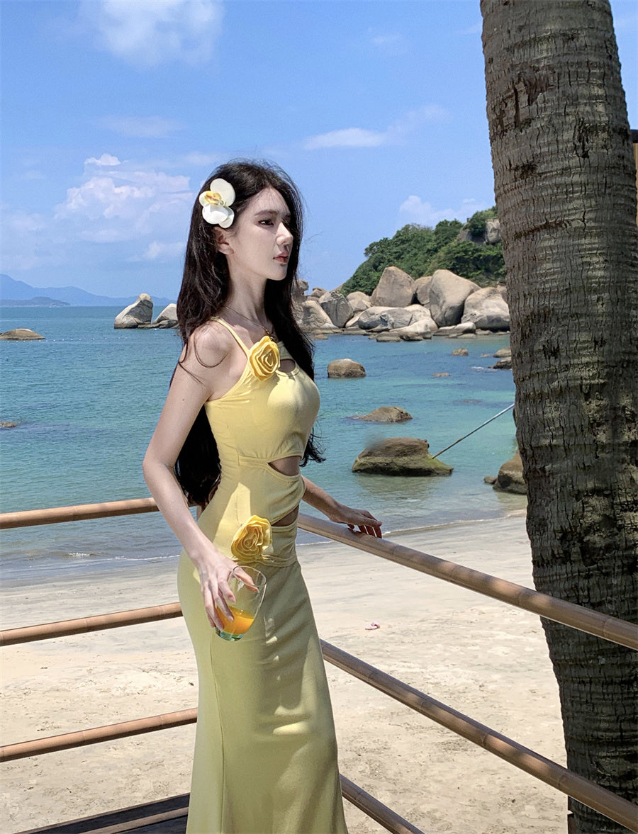 Superb Spaghetti Strap Yellow Maxi Dress Flowy Cutouts 3D Floral Mermaid Long Dress AP3496