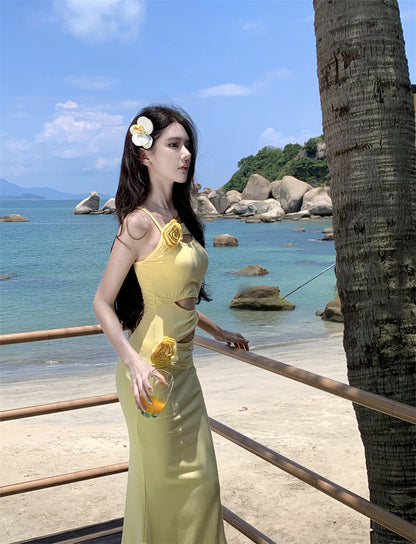 Superb Spaghetti Strap Yellow Maxi Dress Flowy Cutouts 3D Floral Mermaid Long Dress AP3496