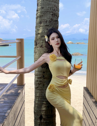 Superb Spaghetti Strap Yellow Maxi Dress Flowy Cutouts 3D Floral Mermaid Long Dress AP3496