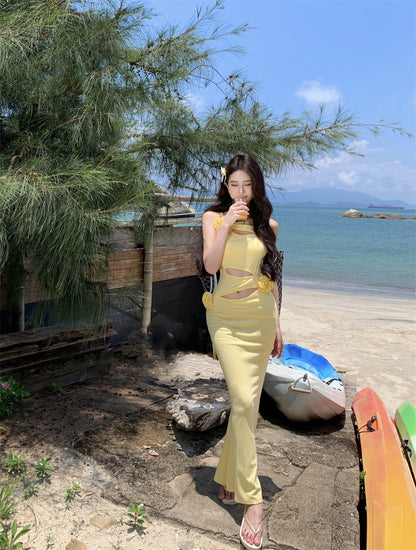 Superb Spaghetti Strap Yellow Maxi Dress Flowy Cutouts 3D Floral Mermaid Long Dress AP3496