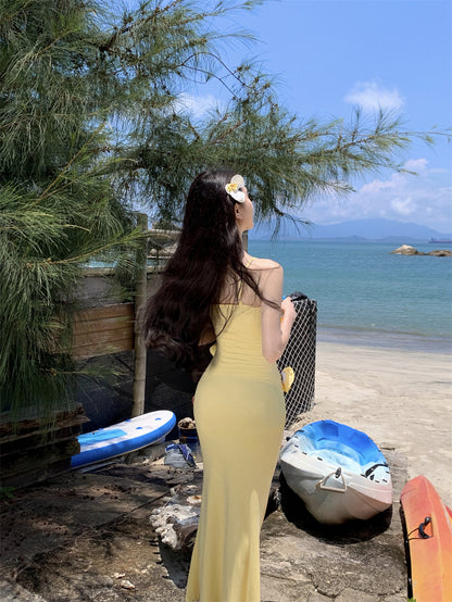 Superb Spaghetti Strap Yellow Maxi Dress Flowy Cutouts 3D Floral Mermaid Long Dress AP3496