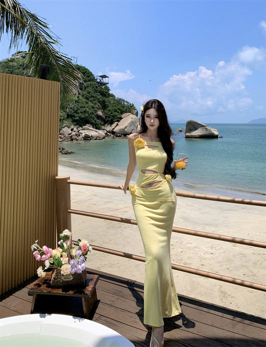 Superb Spaghetti Strap Yellow Maxi Dress Flowy Cutouts 3D Floral Mermaid Long Dress AP3496
